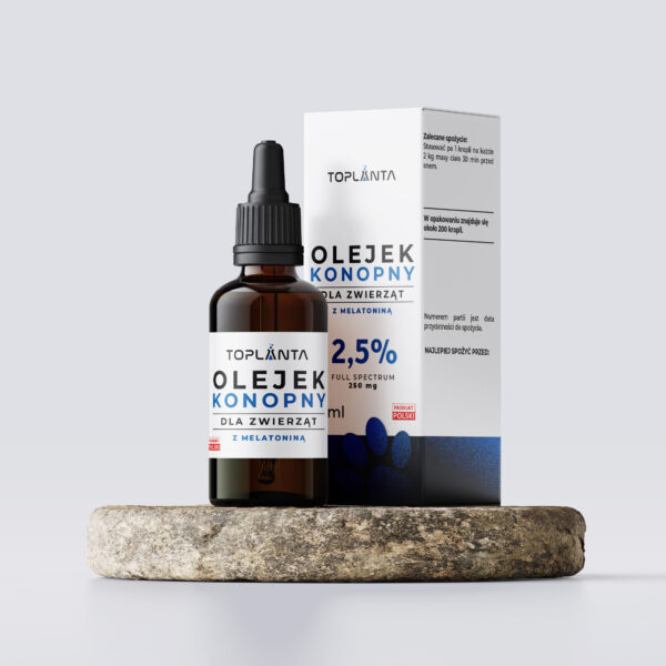 2.5% Z MELATONINĄ CBD na oleju z Łososia dla zwierząt + Kot + Pies Toplanta