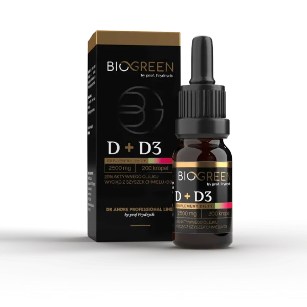 Olej konopny CBD 25% z wyciągiem z szyszek chmielu + witamina D3