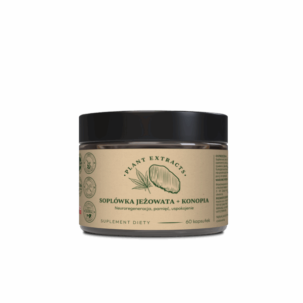 Soplówka jeżowata (Lions Mane) + konopie 60kaps. x300mg Koncentracja, funkcje poznawcze, energia, stress balance